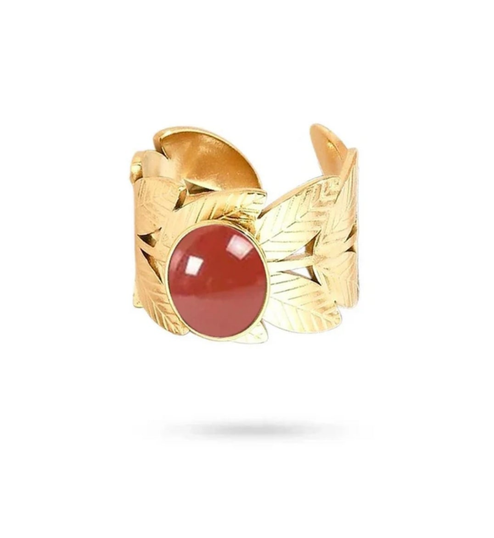 Bague acier inoxydable feuille pierres naturelles agate rouge
