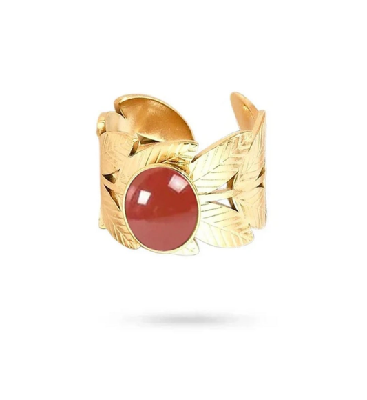 Bague acier inoxydable feuille pierres naturelles agate rouge