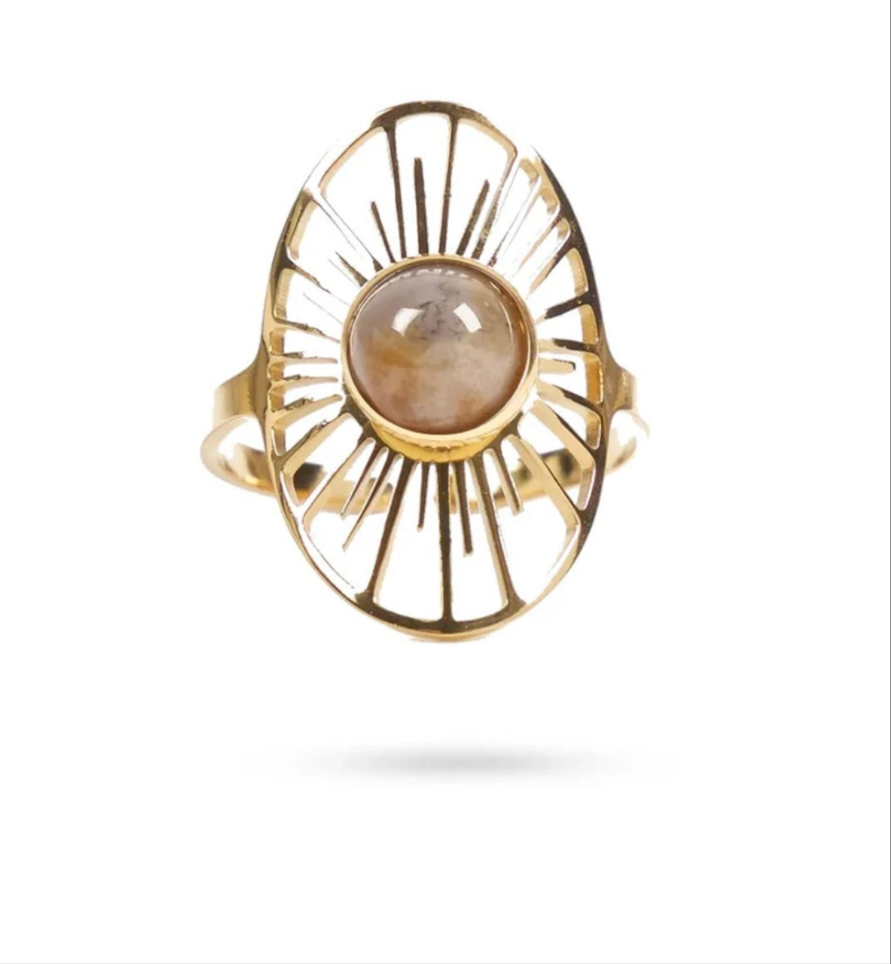 Bague acier inoxydable Soleil pierres naturelles agate green