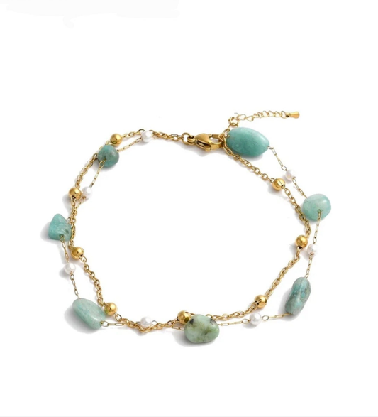 Chaîne de cheville en acier inoxydable double rangs pierres naturelles amazonite