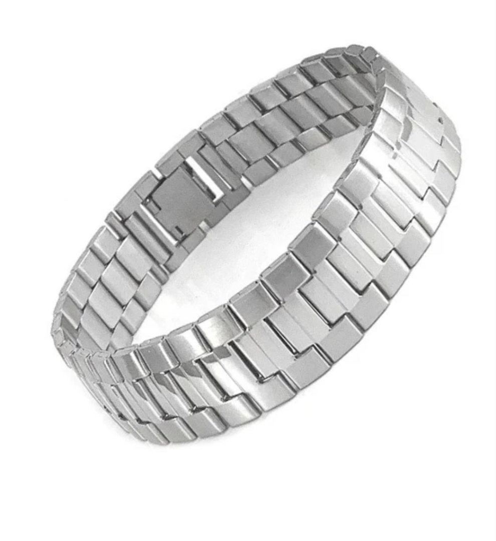 Bracelet homme acier imposant - Gourmette plate - Couleur argenté