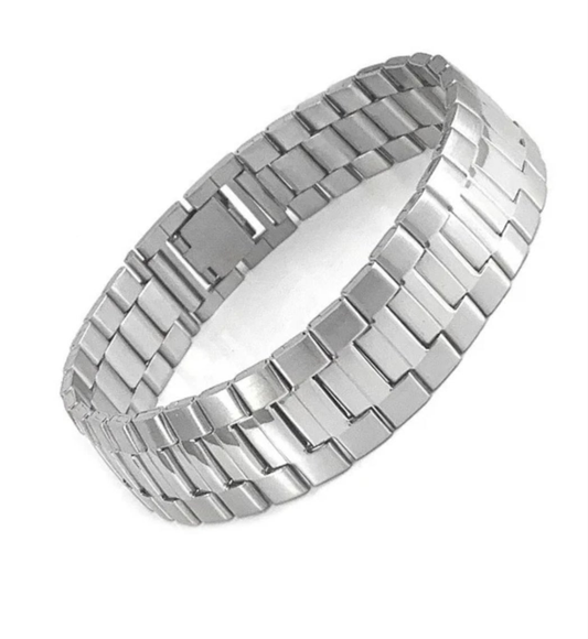 Bracelet homme acier imposant - Gourmette plate - Couleur argenté