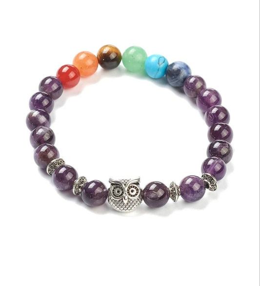 Bracelet pierres naturelles 7 chakras hibou