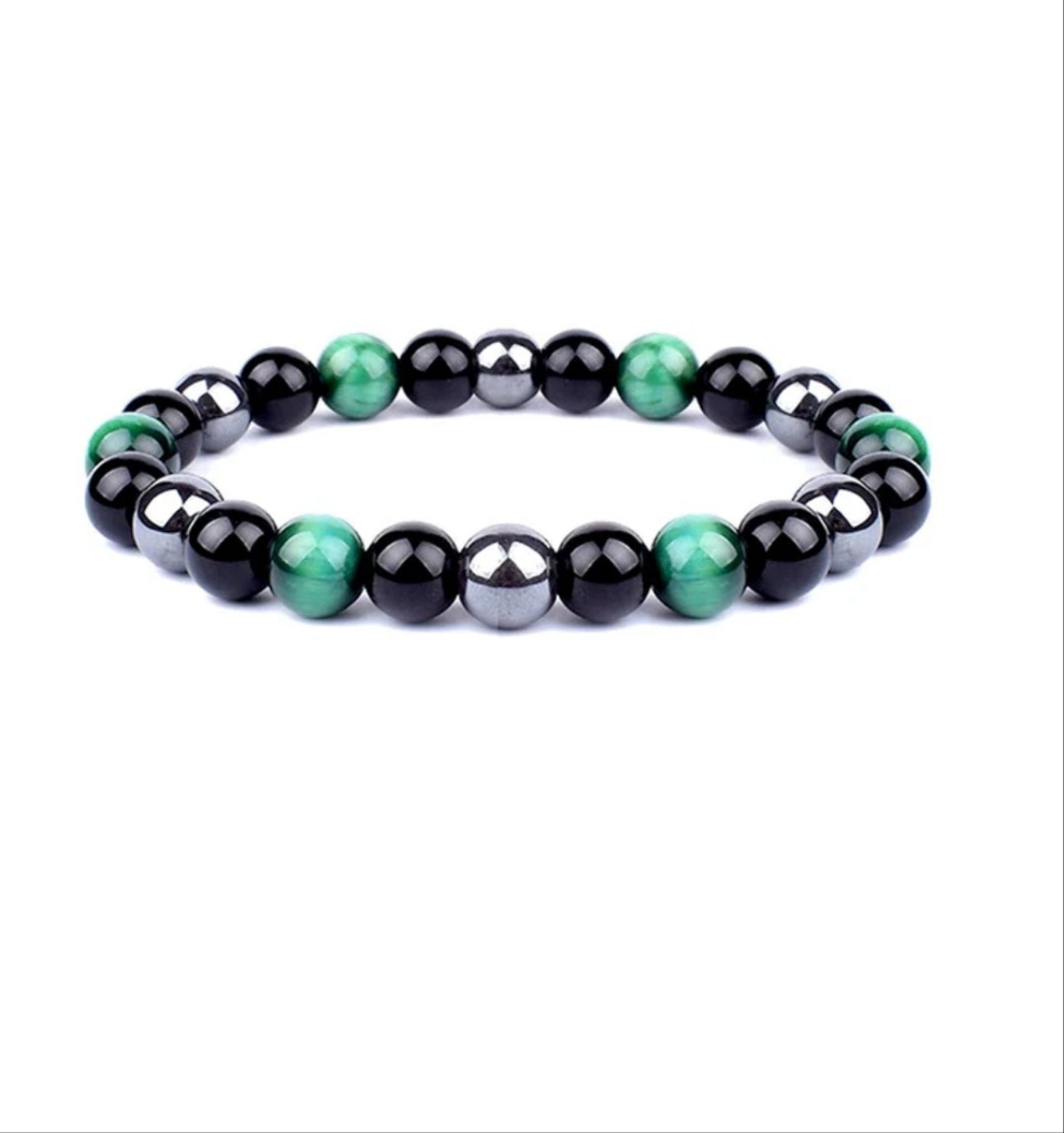 Bracelet pierres naturelles Œil de Tigre teint et obsidienne