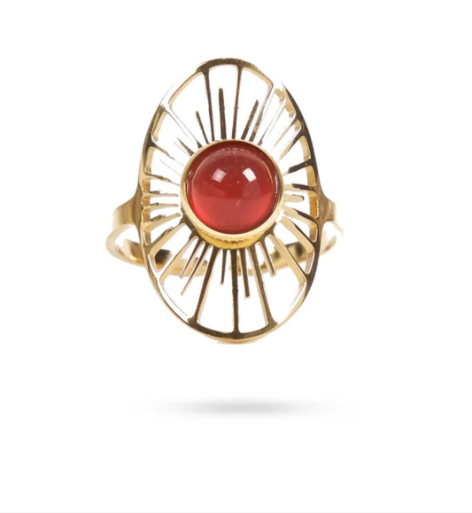 Bague acier inoxydable Soleil pierres naturelles agate rouge