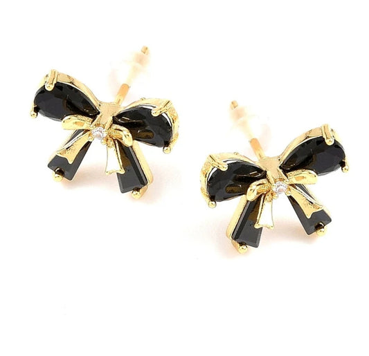 Boucles d'oreilles femme joli nœud noir dorées à l'or fin