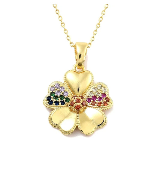 Collier femme pendentif fleur zirconiums couleurs sertis doré à l'or fin