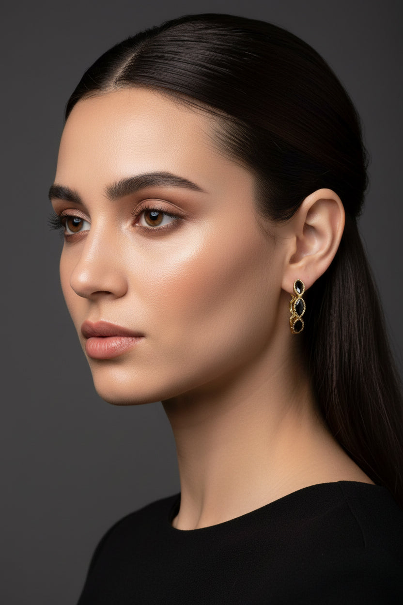 Boucles d'oreilles femme Créoles 6 zirconiums noir