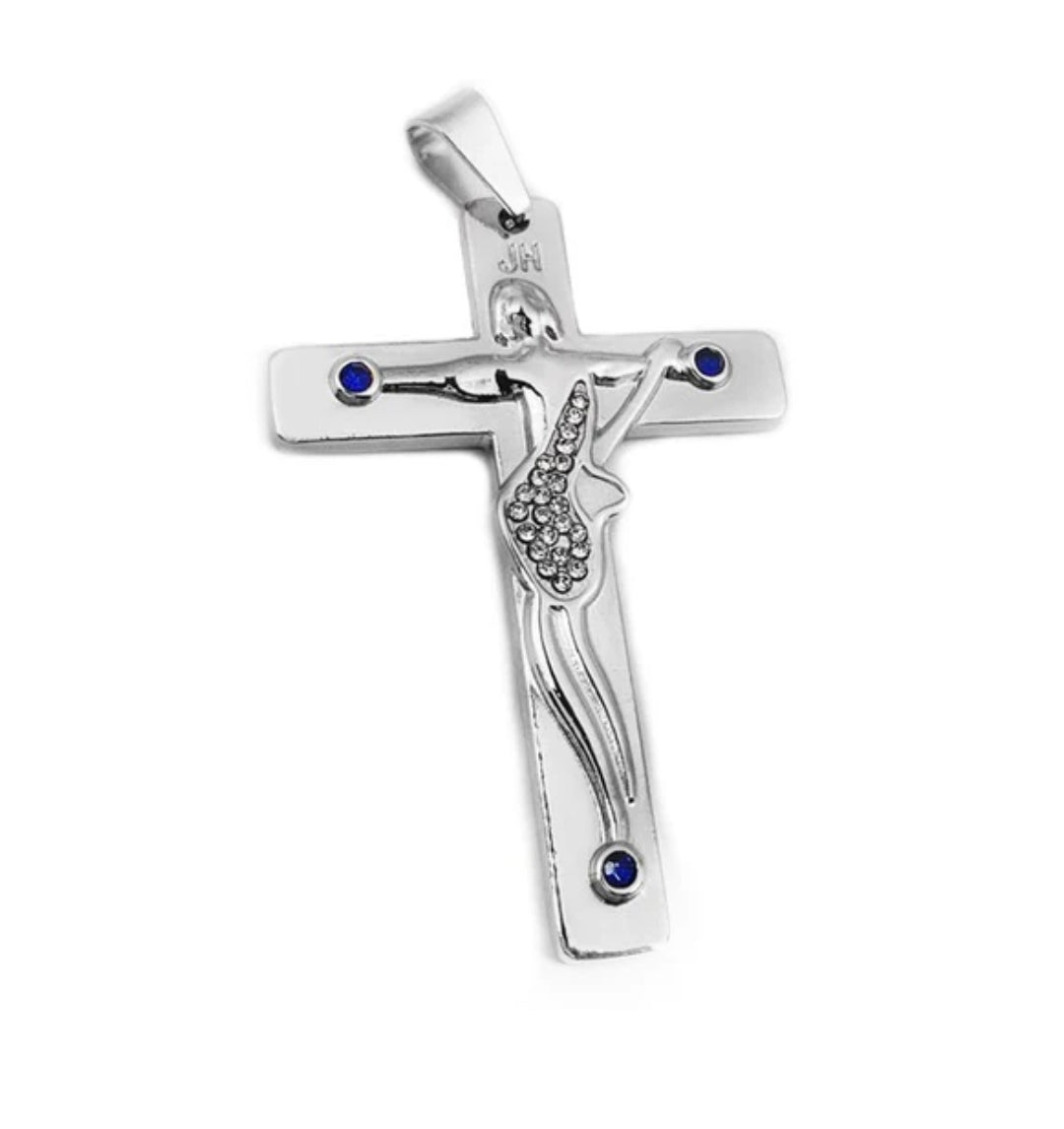Pendentif Croix guitare JOHNNY HALLYDAY en acier 316 couleur argenté orné de diamants cz bleu  ( Identique à celle du chanteur - Vendu avec cordon noir )