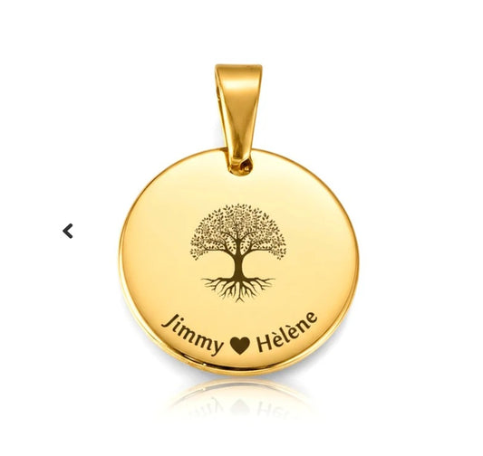 Pendentif acier à personnaliser rond or arbre de vie