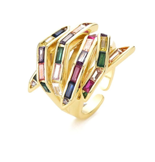 Bague femme réglable forme originale zirconiums colorés