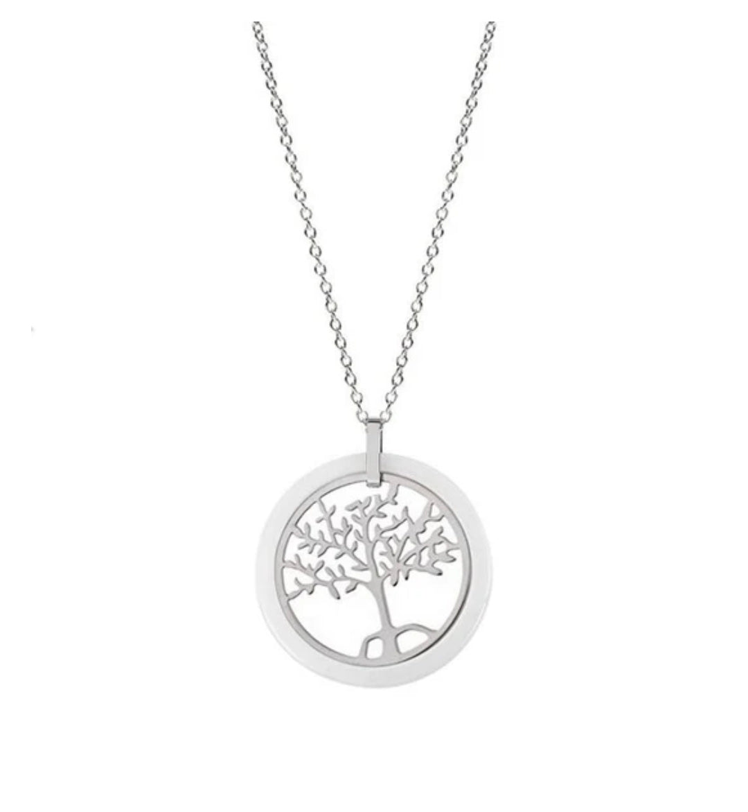 Collier acier et céramique - Arbre de vie - blanc