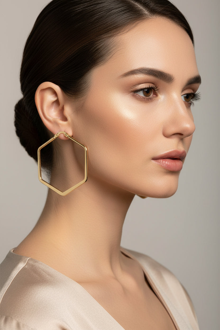 Boucles d'oreilles femme en acier inoxydable doré hexagone
