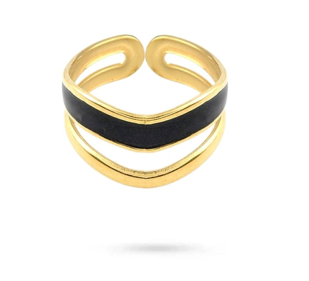 Bague femme acier inoxydable dorée double rang émail
