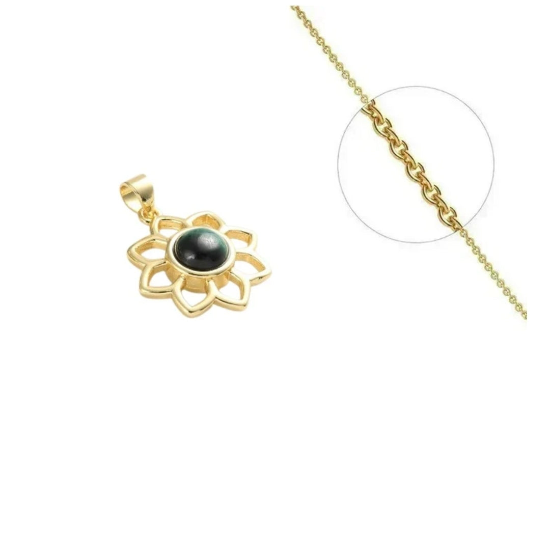 Collier acier inoxydable fleur pierre naturelle malachite