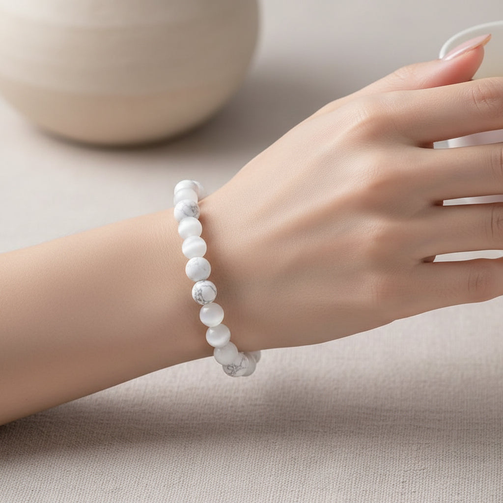 Bracelet pour homme ou femme - pierres naturelles howlite et oeil de chat