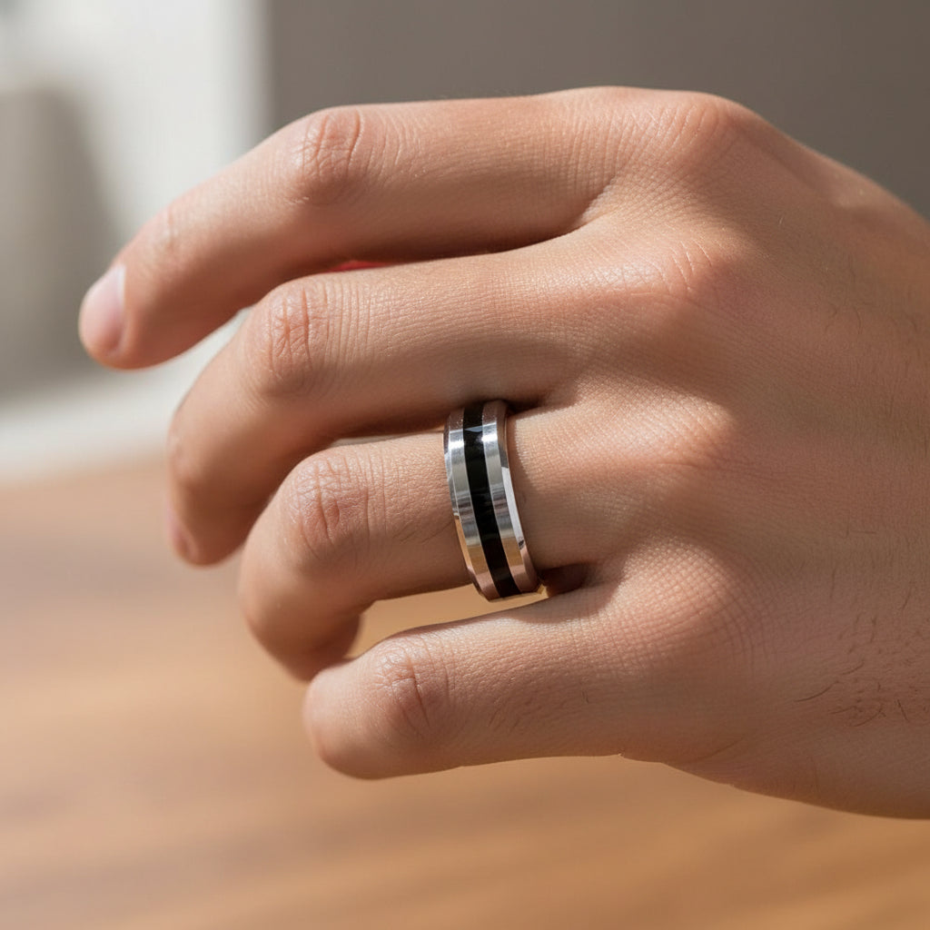 Bague homme acier 316 alliance noir et argenté