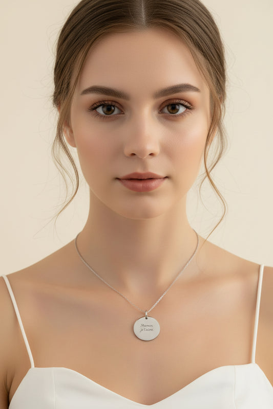 Pendentif acier à personnaliser rond argenté thème Maman je t'aime