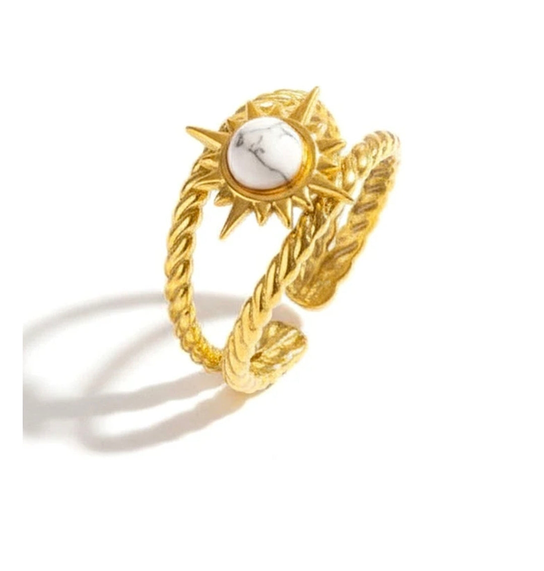 Bagues pour femme soleil acier inoxydable doré pierre naturelle howlite