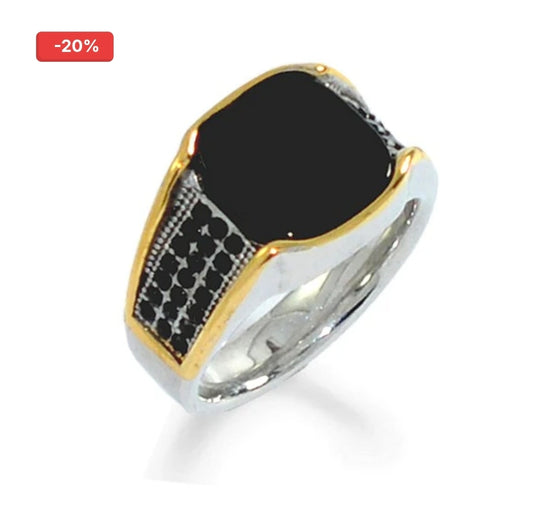 Bague homme sublime chevalière acier 316 noir, or argenté