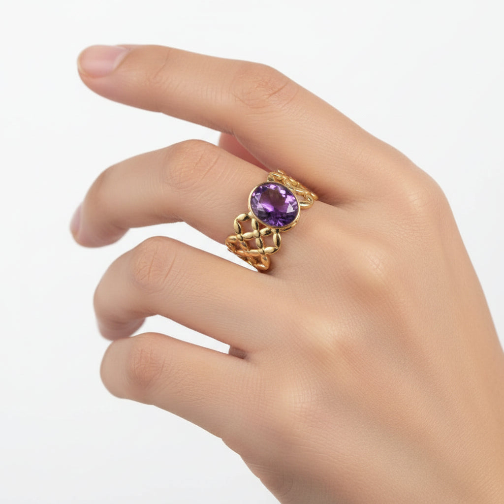 Bague acier inoxydable pierres naturelles améthyste