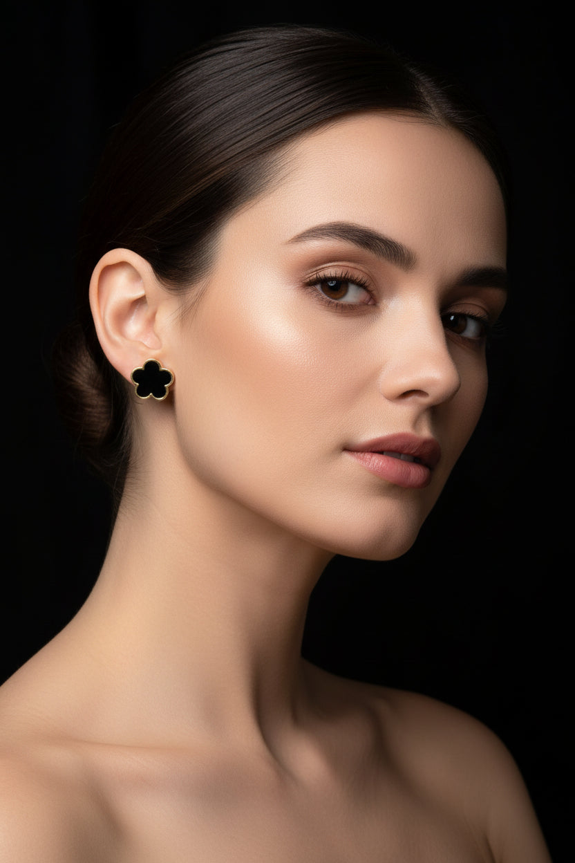 Boucles d'oreilles femme en acier inoxydable fleur noir et or