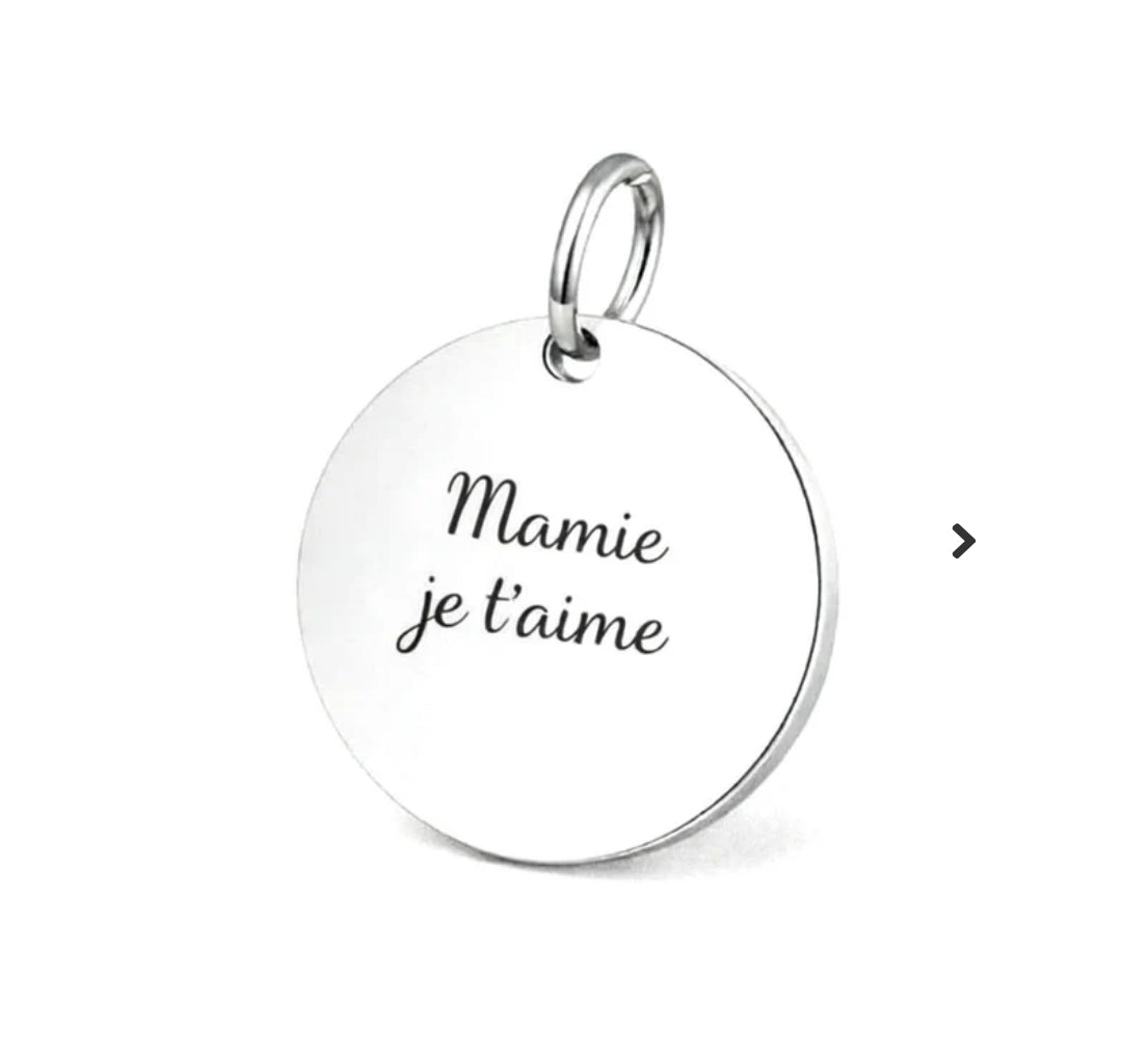 Pendentif acier à personnaliser rond argenté thème Mamie je t'aime
