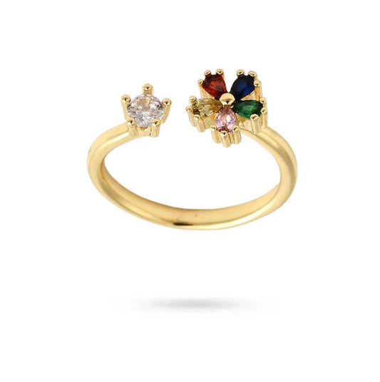 Bague femme réglable fleur sertis d'oxydes de couleurs