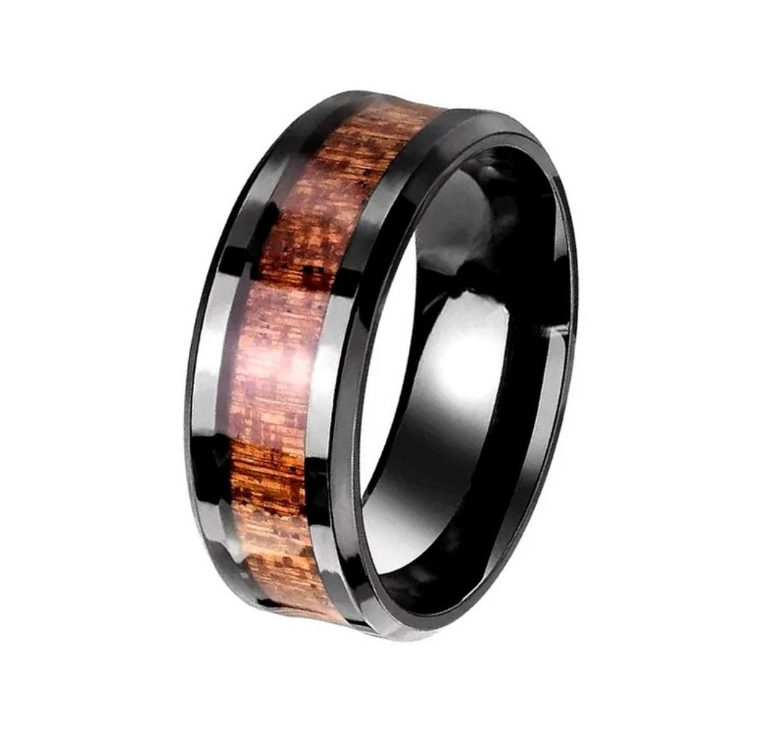 Bague homme acier inoxydable alliance noir bande centrale marron