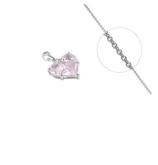 Collier femme rhodié avec pendentif cœur orné d'un zirconiums rose sertis