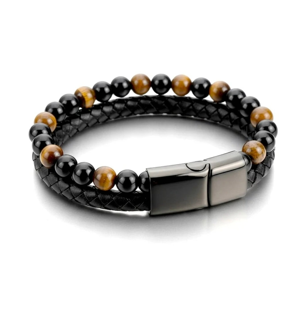 Bracelet souple en cuir tressé et perles Œil de Tigre