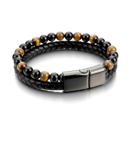 Bracelet souple en cuir tressé et perles Œil de Tigre