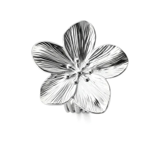 Bague acier inoxydable réglable argentée fleur 30 mm