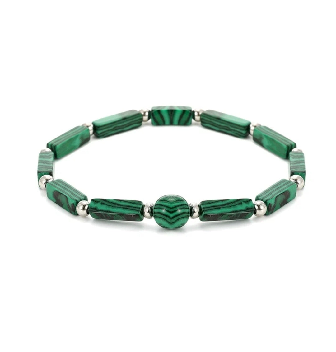 Bracelet pour femme - pierres naturelles malachite rectangulaires et perles d'acier