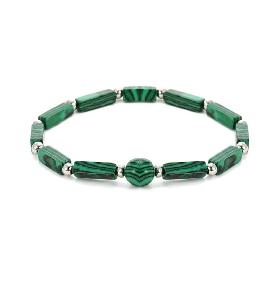 Bracelet pour femme - pierres naturelles malachite rectangulaires et perles d'acier