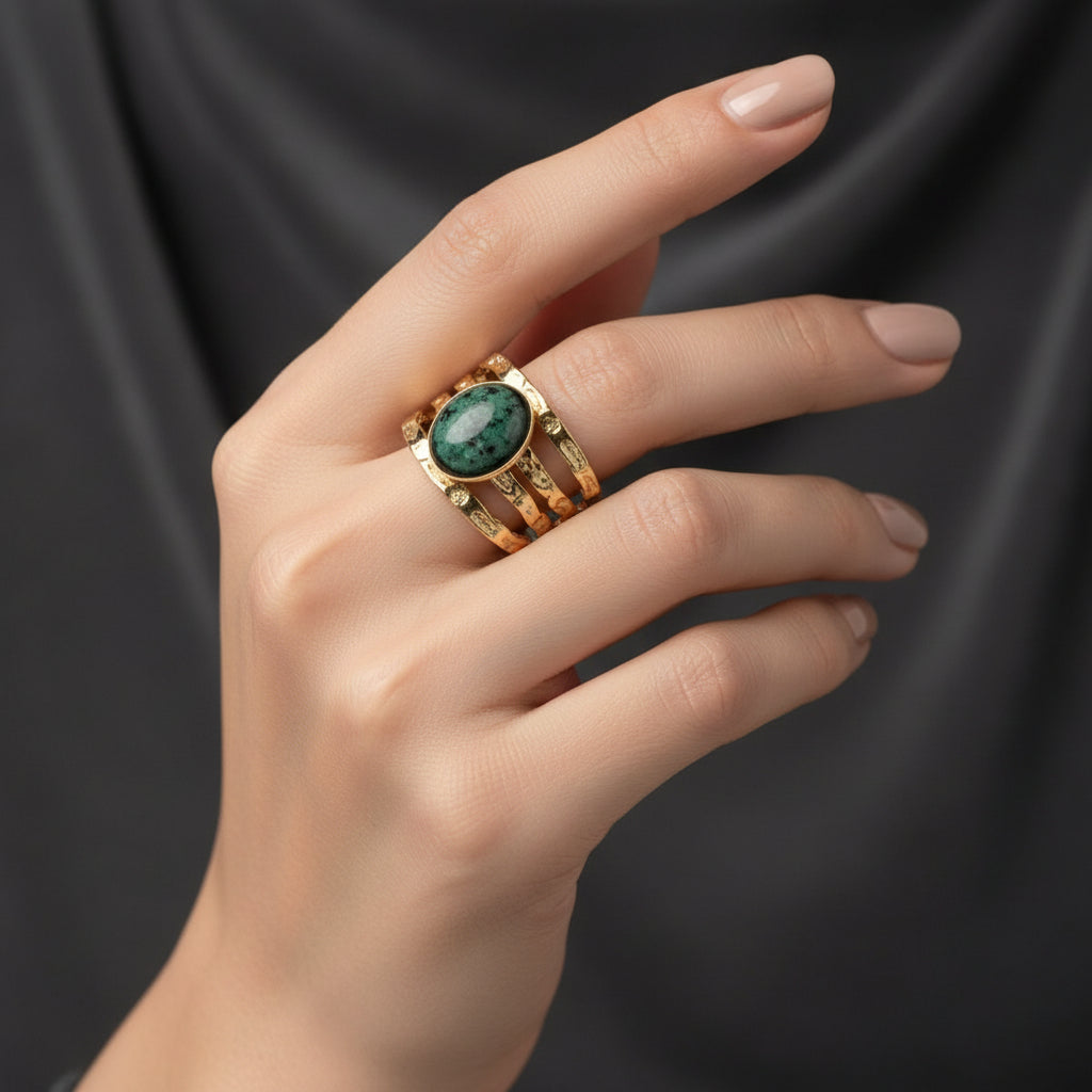 Bague acier inoxydable 4 rangs pierres naturelles turquoise d'Afrique