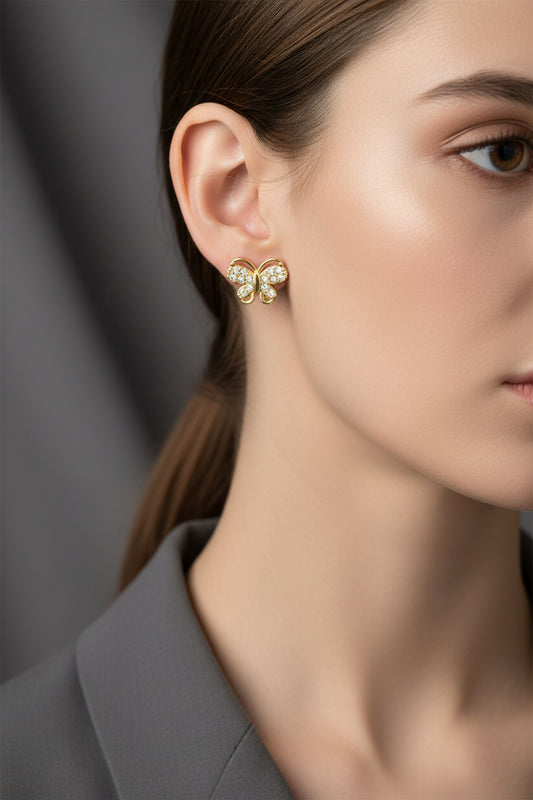 Boucles d'oreilles femme joli papillon dorées à l'or fin zirconiums sertis