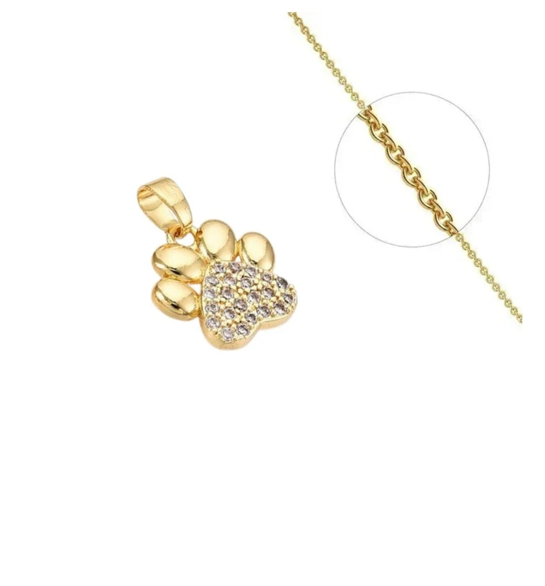 Collier doré empreinte de chat chien coeur zirconiums sertis