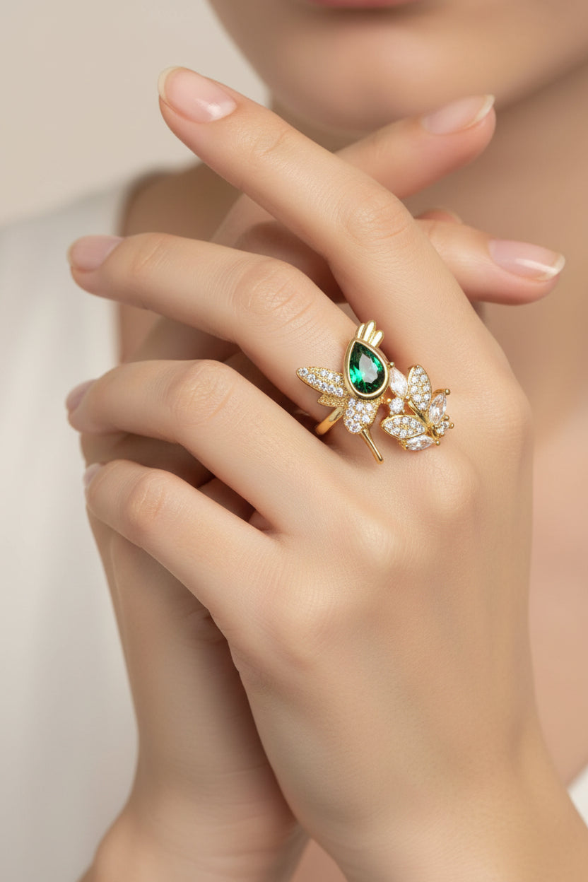 Bague femme réglable zirconium vert oiseau