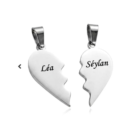 Pendentif acier à personnaliser double cœur argenté