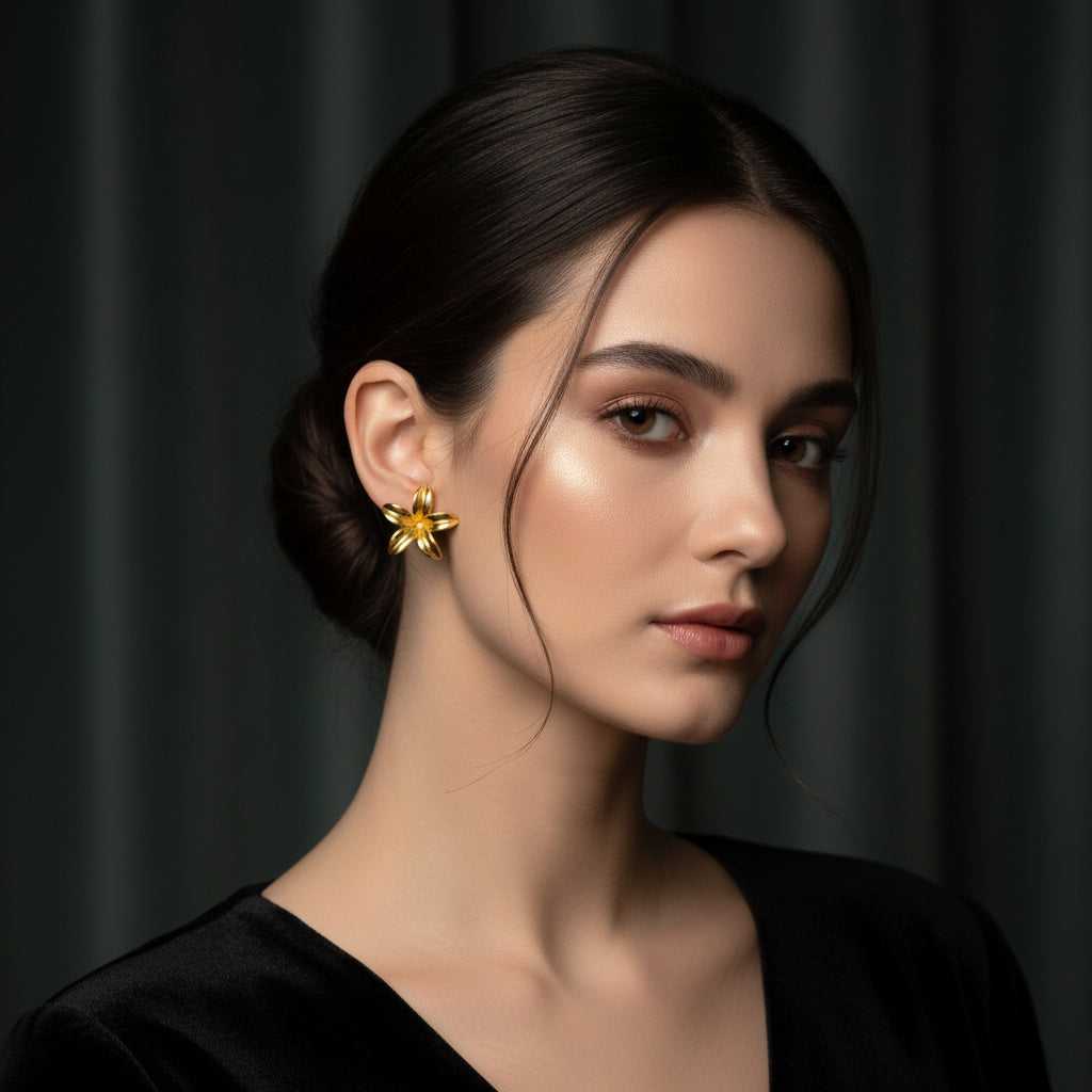 Boucles d'oreilles femme en acier inoxydable doré en forme de fleur