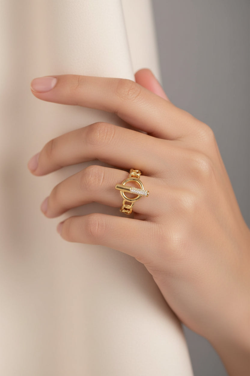 Bague femme réglable maille chaine sertis de zirconiums