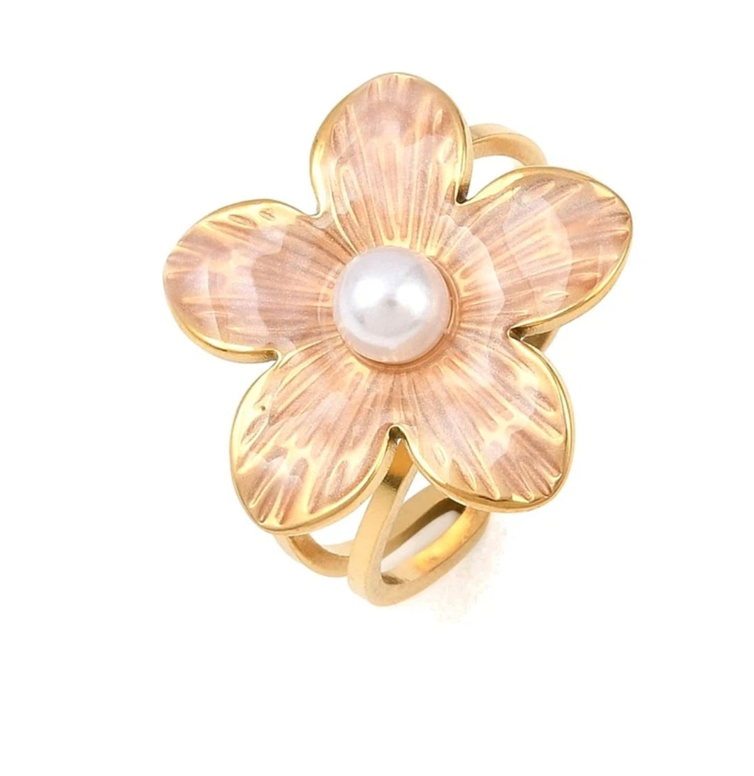 Bague femme inoxydable réglable dorée motif fleur avec perle