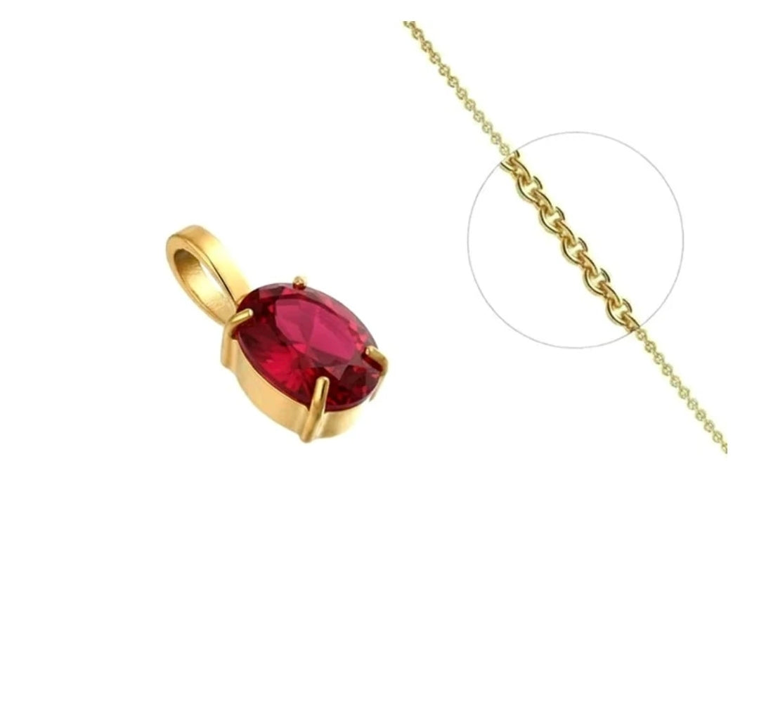 Collier femme doré solitaire zirconium rouge fushia serti