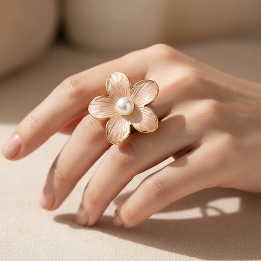 Bague femme inoxydable réglable dorée motif fleur avec perle