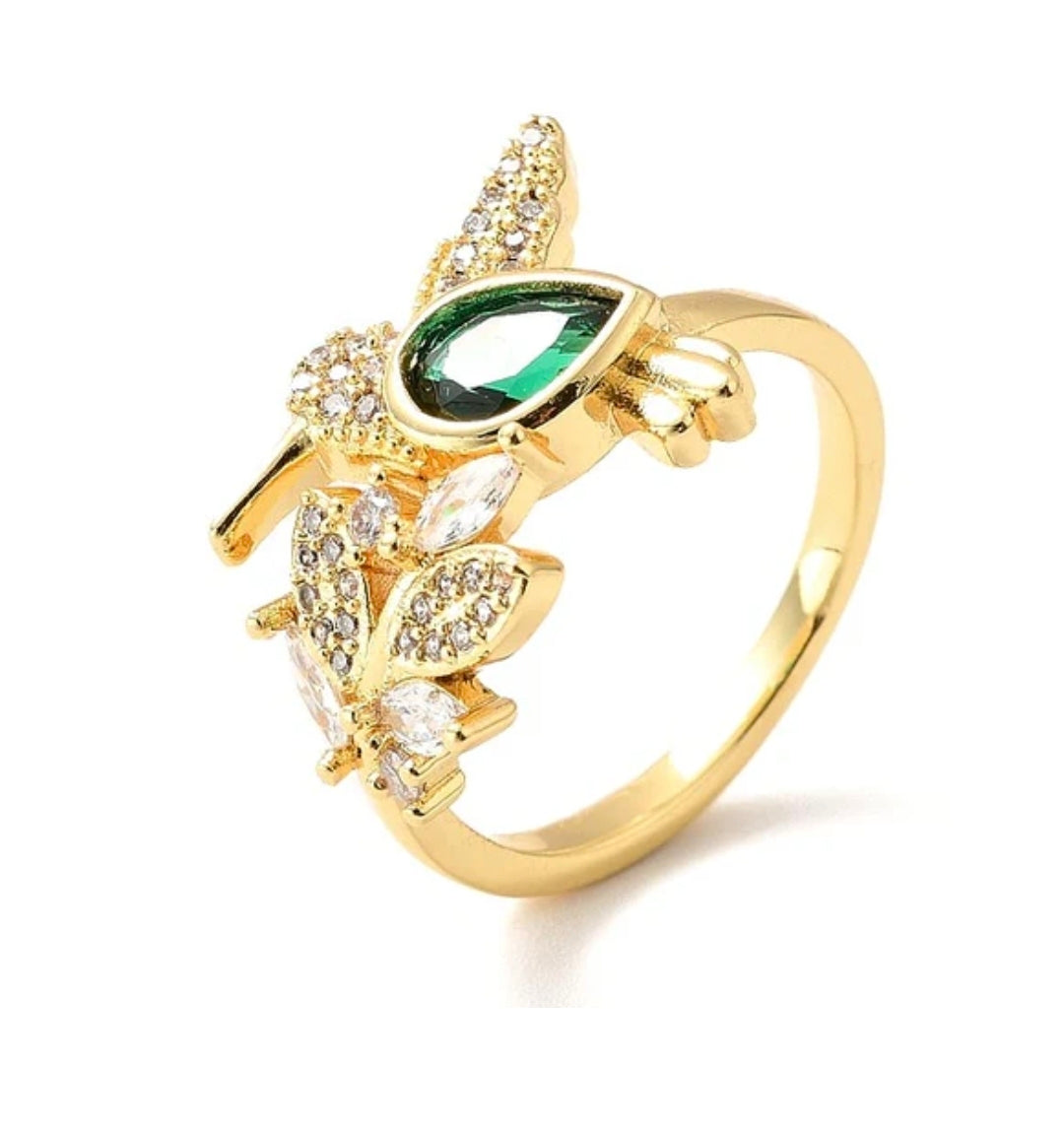 Bague femme réglable zirconium vert oiseau