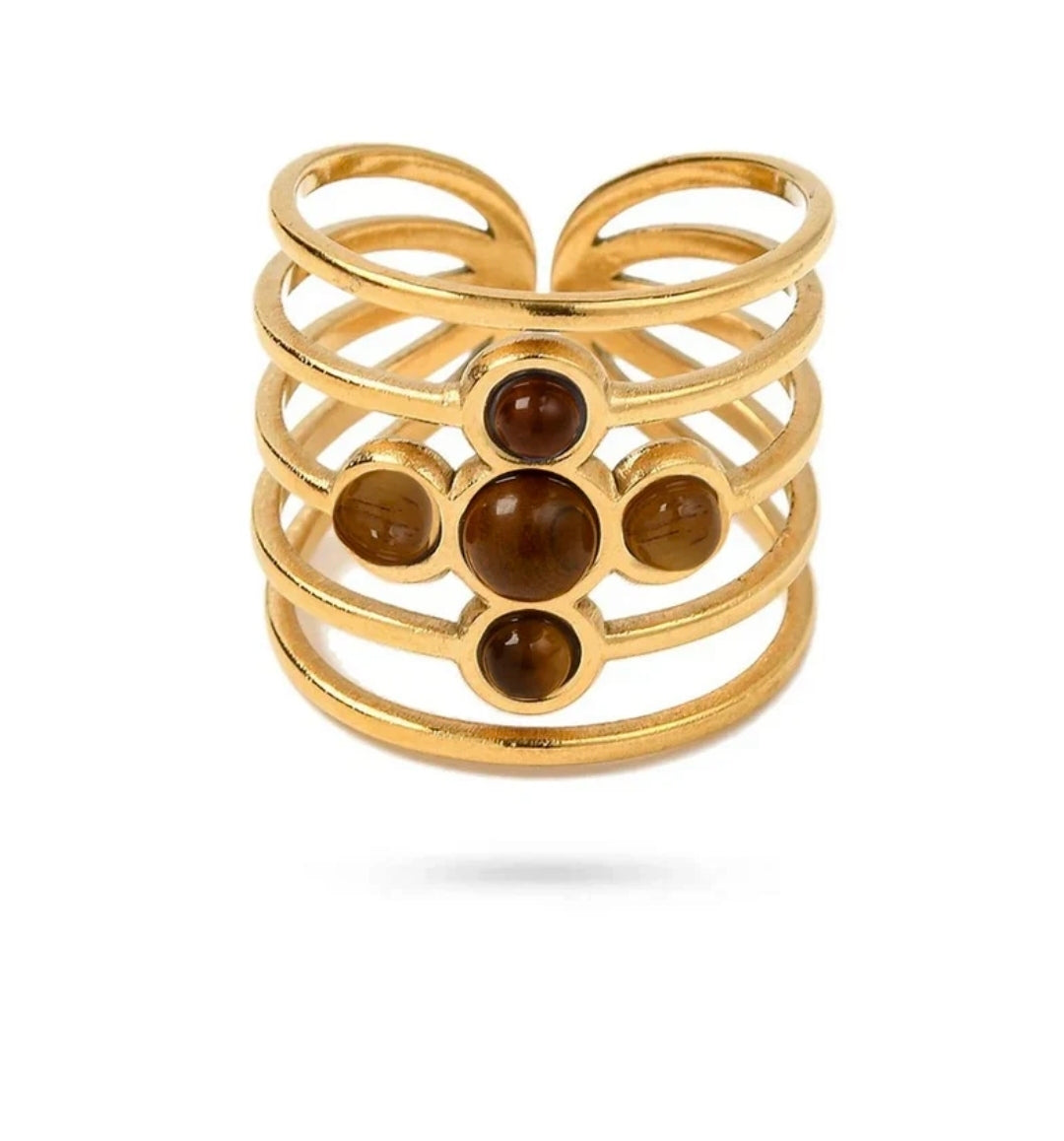 Bagues pour femme acier inoxydable quatre pierres naturelles œil de tigre