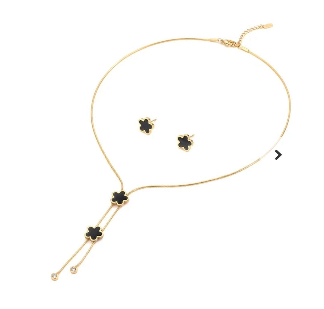 Parure femme acier inoxydable fleurs nacre noir