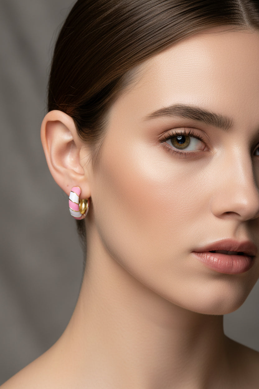Boucles d'oreilles femme Créoles émail rose et blanc