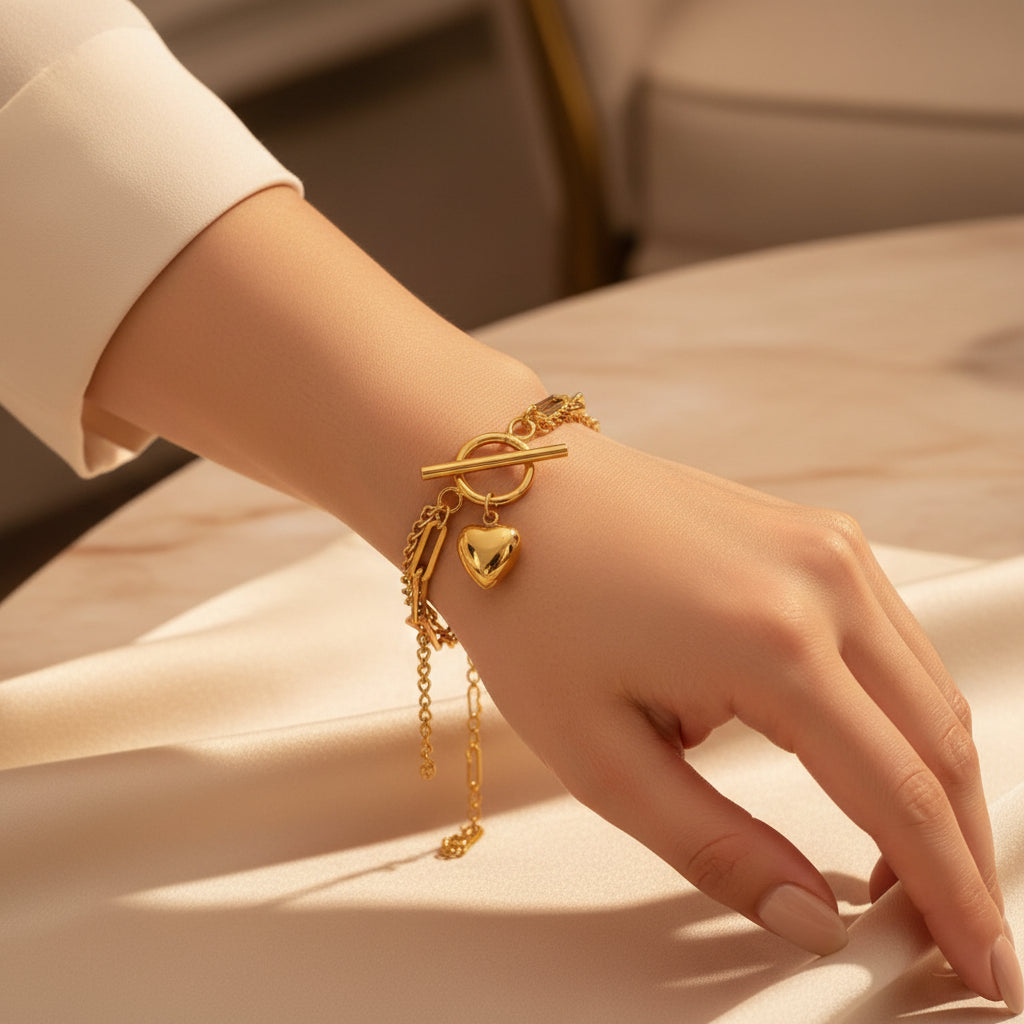 Bracelet femme en acier inoxydable double trombone avec gourmette avec breloque cœur